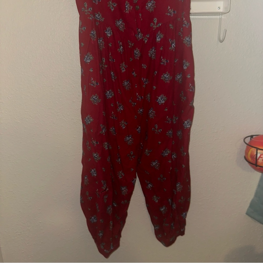 Laura Ashley 80s Red Floral Corduroy Jumpsuit Vintage Calico Romper Jumpsuit - Picture 5 of 7